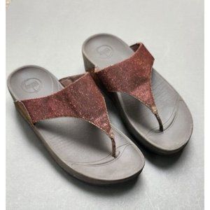 Fitflop LULU Wedge Toe Post Sandals 10 Brown Glitter Thong Comfort Vegan Shoes